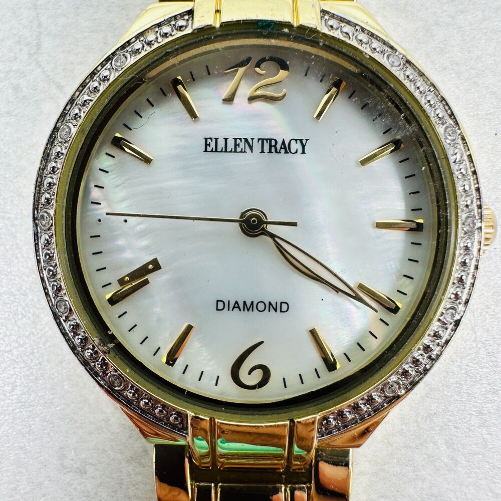 Ellen Tracy Watch Womens 33mm Rhinestone Bezel Diamond MOP Gold Tone New Battery
